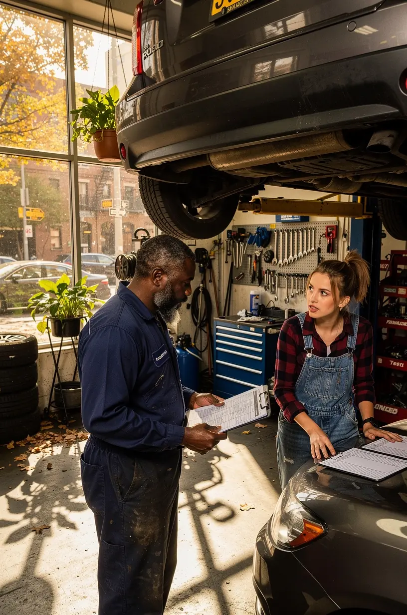 Auto repair specialist demonstrating brake system inspection for Northeast travel safety